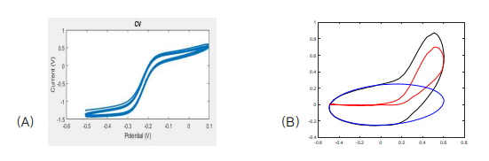 미소전극 UME와 조화함수 전압으로 얻어진 voltammetry. (A) 0.1 Hz주파수, (B) 150 Hz (약 330 V/s)의 측정치(검은색)와 CPE를 이용한 분리된 충전전류 (파란색), 패러데이 전류(빨간색)