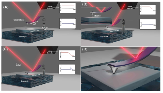 (A)-(C) 전도성 AFM팁과 전기화학측정장치를 이용한 전기화학 Force Spectroscopy의 모식도, Non-contact모드에서 젤전해질에 engage되는 과정에서의 충전전류와 오실레이션 크기의 변화를 보여줌. (D) 젤전해질 표면 혹은 전해질 모세관과 접촉하여 snap-in되었을 때의 모식도