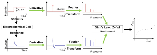 2 세대 FT-EIS의 모식도. 이상적인 전압 계단을 전기화학셀에 가하여 전류의 변화량 즉 chronoamperometry를 측정하여 EIS측정을 수행. 본 연구진행에선 dirac 델타함수로의 근사를 위해 각 신호미분치를 얻고 이를 퓨리에 변환하여 EIS를 측정.