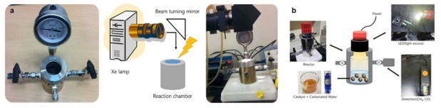 (a) 광원의 수직 조사 형태의 용액상 반응기, (b) 휴대 가능한 LED 광원 유도 이산화탄소 환원 반응 시스템