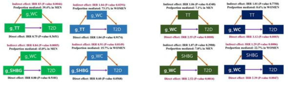 Mediation analyses (the natural effects model E{Y(a, M1(aʹ),M2(a′′,M1(aʹ)))|C}) between TT, SHBG and WC on T2D