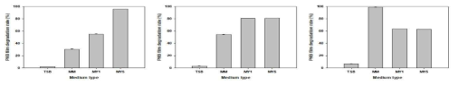 배지별 PHA flim 분해율 (왼쪽부터 PD1, PD2, PD3)