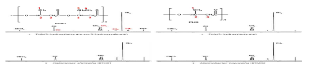 NMR 분석 결과 (a) PHBV (b) PHB (c) H. shrimpha IBTH01 (d) M. haeunpha IBTM02