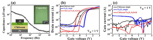 (a) 유-무기 하이브리드 EDL 적용 커패시터의 커패시턴스-주파수 (C-f) 특성 및 유, 무기 단일 EDL 및 유-무기 하이브리드 EDL 적용 시냅스 트랜지스터의 (b) 전달 특성 곡선과 (c) 게이트 전류 특성