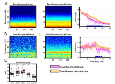 Frontal spectrogram and spectral power during sevoflurane-induced anaesthesia for delirium and non-delirium groups. Group-median frontal spectrograms for frequencies from 0 to 40 Hz during a 3-min period. B. Frontal coherogram and coherence during sevoflurane- induced anaesthesia for delirium and non-delirium groups. Group-median frontal coherograms for frequencies from 0 to 40 Hz during a 3-min period. C. Frontal PPC at delta, theta, alpha, beta, and gamma frequency bands during sevoflurane- induced anaesthesia for delirium and non-delirium groups. Boxplots of averaged PPC values during a 2-min EEG epoch in the delta (0.1-4 Hz), theta (4-8 Hz), alpha (8-13 Hz), beta (13-25 Hz), and gamma (25-40 Hz) bands for the sevoflurane (delirium vs non-delirium)