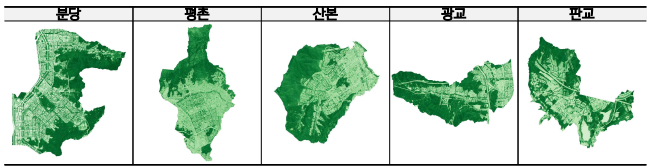 5개 신도시 정규화식생지수 분포