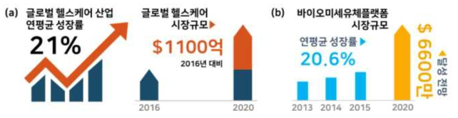 (a) 글로벌 헬스케어 산업 시장동향 (출처: 대한무역투자진흥공사 2019), (b) 미세유체역학 기반 바이오미세유체플랫폼 시장규모 (출처: 한국과학기술정보연구원, 2016)