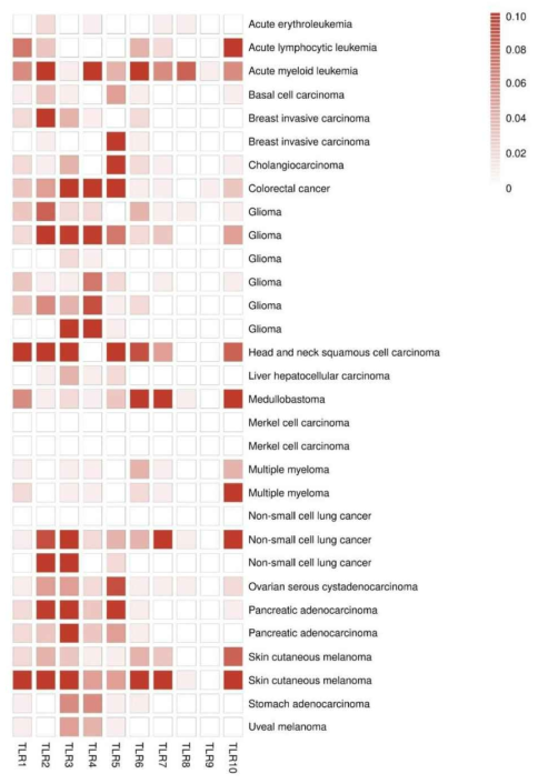 단일세포 유전자발현 데이터 (scRNAseq)를 통해서 31개의 cohort에서 조사된 암세포에서의 TLR 유전자들의 발현 정도. 색깔이 진할수록 발현양이 많음을 나타냄. 다양한 암종과 cohort에서 다양한 TLR 유전자들이 암세포에서 발현되는 현상을발견할 수 있음. 본 과제에서 집중적으로 연구한 TLR4의 경우, AML, colon cancer, glioma, head and neck cancer, lungcancer, ovarian, pancreatic, stomach cancer 및 melanoma에서 발현되는 경향을 보임. Cancer cell에서 발현되는 TLRexpression이 cancer phenotype에 어떠한 영향을 미치는지는 아직 충분히 연구되지 않은 영역임