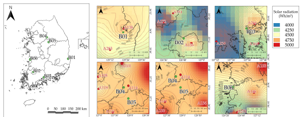 실증연구 지역의 위치 및 일 누적 월평균 일사량 예측 지도
