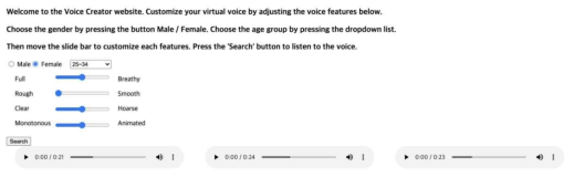 성별, 나이대, 숨소리 포함 정도, 거친 정도, 맑은 정도, 억양의 정도 등으로 목소리 데이터베이스를 검색하여 사용하기 원하는 목소리를 찾아주는 프로토타입 화면 예시