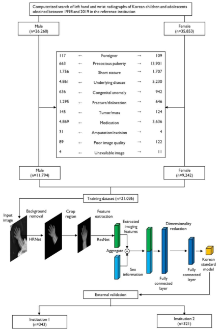 Flow diagram of patient selection and dataset organization with a schematic illustration of the development of the deep convolutional neural network model