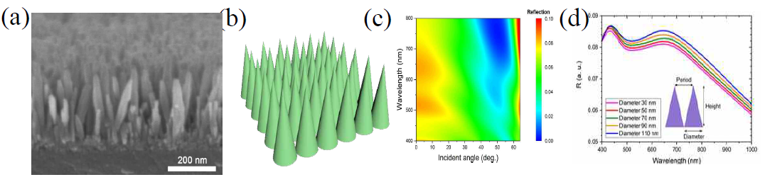 (a) ZnO nanoneedle 어레이 SEM 이미지 (b) 모식도 (c) Calculated reflection of ZnO nanoneedle array. (d) Calculated diameter-dependent reflection results