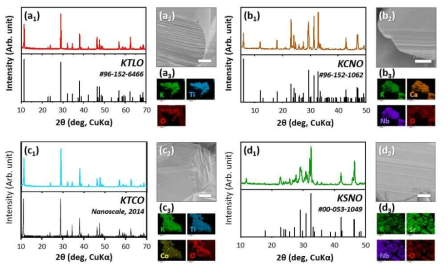 (a) KTLO, (b) KCNO, (c) KTCO, (d) KSNO에 대한 XRD(a1-d1), SEM(a2-d2), EDS(a3-d3) 분석결과