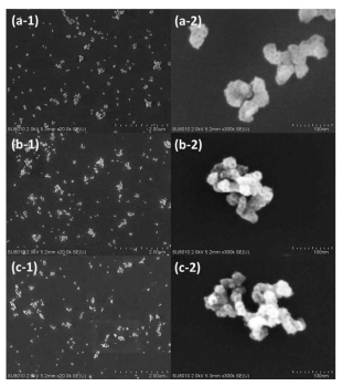 HR-SEM images of mesoporous silica samples: PMS-4H (a-1, a-2), PMS-4M (b-1, b-2), PMS-4S (c-1, c-2)