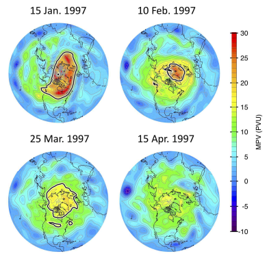 Modified potential vorticity on the 1260 K isentropic surface from January to April in 1997. Thick line denotes the edge of the polar vortex as defined by the method of Nash et al. (1996)