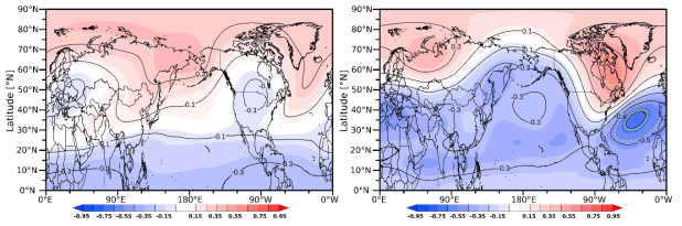 Correlation coefficients betweent the area of the Arctic sea ice in September-October and the 30 hPa geopotential height in the following January in the Northern hemisphere during the PRE and POST periods. The sign of the correlation coefficients is reversed. Yellow dotted and solid lines denote the statistical significance of 99%