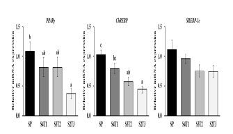 Hepatic transcriptional factor gene expression of obese mice fed high-fat diets with the partial replacement of SP by TMP (20%, 40% or 60%). The values are expressed as means ± SE. Values not sharing a common letter (a, b, c) above the bars are significantly different among the groups. SP: soy protein; TMP: Mealworm fermentation extract