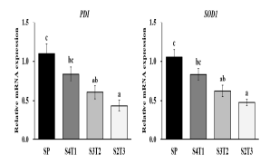 Hepatic ER stress and antioxidant-related gene expression of obese mice fed high-fat diets with the partial replacement of SP by TMP (20%, 40% or 60%). The values are expressed as means ± SE. Values not sharing a common letter (a, b, c) above the bars are significantly different among the groups. SP: soy protein; TMP: Mealworm fermentation extract; ER: endoplasmic reticulum