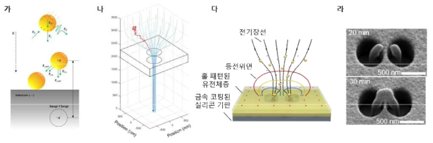 (가), Langevin Equation에 대한 나노 에어로졸의 자유물체도. (나), 전기력선의 경로를 따르는 하전된 나노에어로졸의 궤적 simulation 결과. (다), Pre-pattern을 활용한 3차원 나노프린팅 기술 모식도. (라), 유전체층의 이온 반발력에 의해 접합되는 3차원 nano-bridge 구조물의 시간에 따른 성장 SEM 이미지