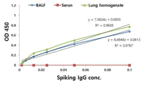 혈청(serum), 폐조직 파쇄액과 폐포세척액 (BALF)에서 IgG spiking 후 농도 측정