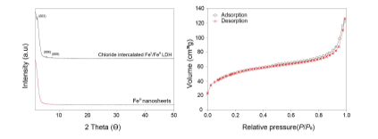 벌크상과 나노시트 Fe2O3의 XRD patterns과 질소 adsorption, desorption 그래프