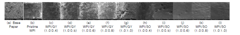 Pristine WPI, WPI/GY 및 WPI/SO코팅지의 형태학적 특성