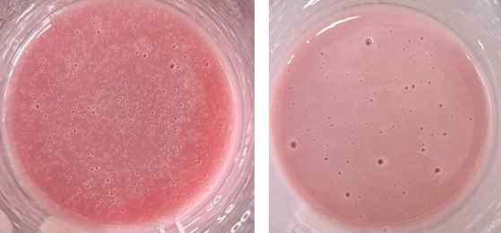 분산제 DISPERBYK-111을 사용하 여 항염증 test oil 마이크로캡슐을 레진에 섞은 결과(왼쪽: 캡슐의 29.2%, 오른쪽: 캡 슐의 12.27%)