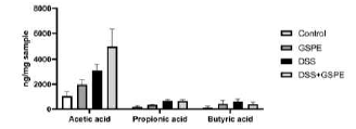 Short chain fatty acids in the feces of C57BL/6J mice with dextran sulfate sodium (DSS)-induced colitis (n=5). All data represent the means and standard errors of means. GSPE, supplemented with grape seed proanathocyanidin extract by oral gavage (200 mg/kg body weight/day). DSS, administered with 1.5% (w/v) DSS-containing water ad libitum. Control and DSS groups were provided with normal saline by oral gavage. There were no significant differences among the groups within each compound (p<0.05; one-way ANOVA with Duncan’s multiple range test).