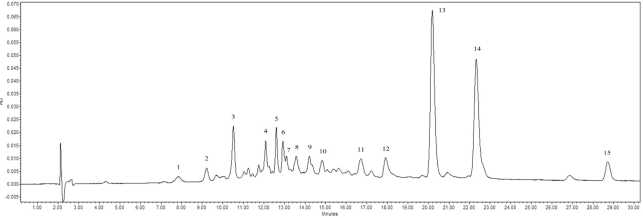 Chromatogram of ellagitannins in black raspberry seeds obtained in June 2021. The peaks represent 1, vescalagin; 2, pedunculagin isomer; 3, castalagin; 4, pedunculagin; 5, acutissimin A; 6, sanguiin H-10 isomer; 7, sanguiin H-6 isomer without galloyl moiety; 8, stenophyllanin A; 9, casuarictin isomer; 10, sanguiin H-2 isomer; 11, sanguiin H-10 isomer; 12, sanguiin H-6 isomer; 13, casuarictin; 14, sanguiin H-6; and 15, casuarictin isomer.