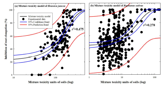 토양 시료에서 식물 독성평가와 토양의 전함량 분석 결과, 그리고 IC50 을 바탕으로 토양의 혼합독성단위를 측정하여 식물의 뿌리 신장 저해와의 관계 식을 제시하는 혼합 독성 모델을 두 식물을 바탕으로 제시한 그림.
