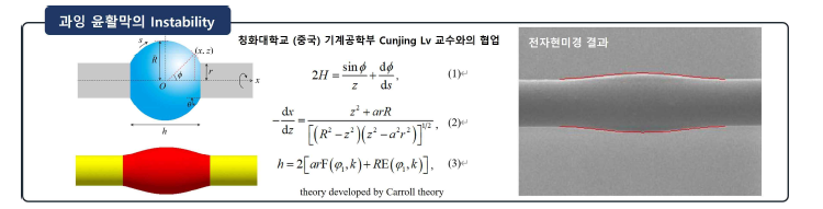 Finite element method (FEM) 기반의 액상박막 불안정성(Instability) 시뮬레이션 결과 및 분석 이미지.