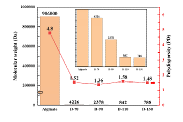 산화분해 반응에 의한 알지네이트의 분자량 및 다분산지수 변화