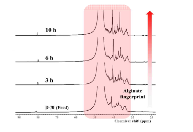 산화분해 반응 후 알지네이트와 초음파 조사 시간에 따른 생성물의 NMR 스펙트럼
