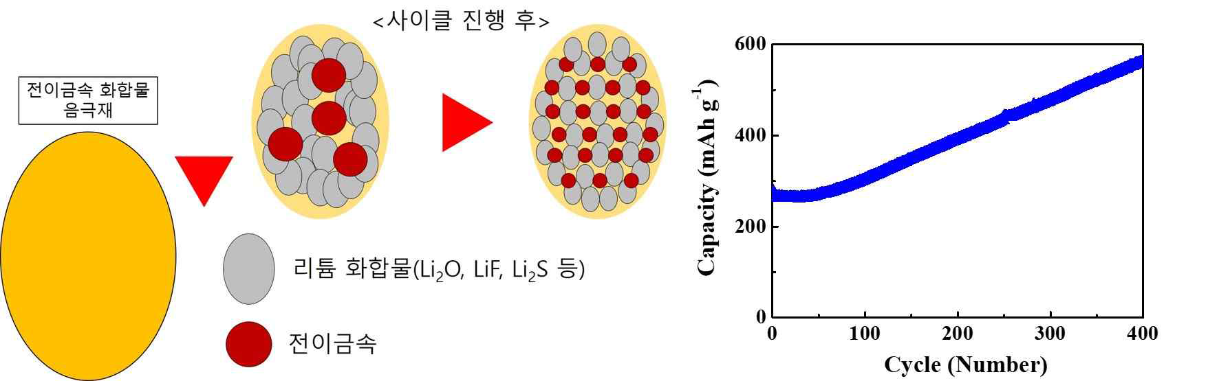 사이클이 진행됨에 따라 용량이 증대되는 음극재 내부에서 나타나는 현상에 대한 개요.