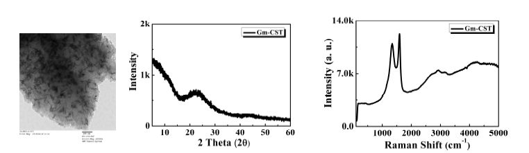0D-2D 전이금속-탄소 복합물에 대한 TEM(왼쪽), XRD(가운데), 라만(오른쪽) 분석 결과
