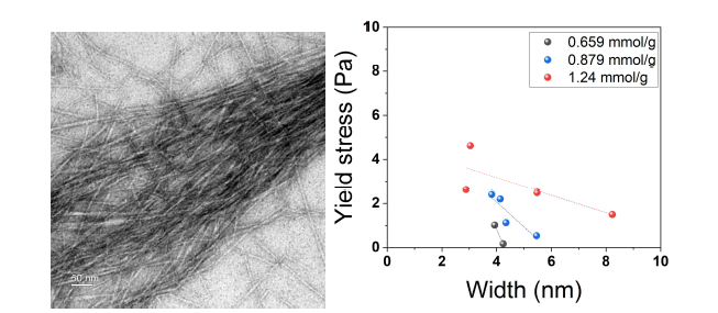 (좌) 셀룰로오스 나노 섬유화 과정 TEM 이미지, (우) yield stress와 섬유 직경 관계