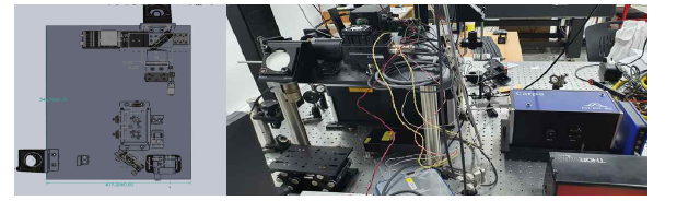 설계한 현미경 frame (좌) 과 조립한 전체 현미경 (우)