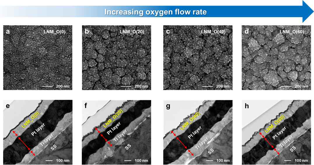(a-d) 60:0, 60:20, 60:40 그리고 60:60의 Ar:O2 유량에 따른 LNMO 박막의 SEM 이미지. (e-h) 각각 SEM 이미지에 상응하는 cross-sectional TEM 이미지.