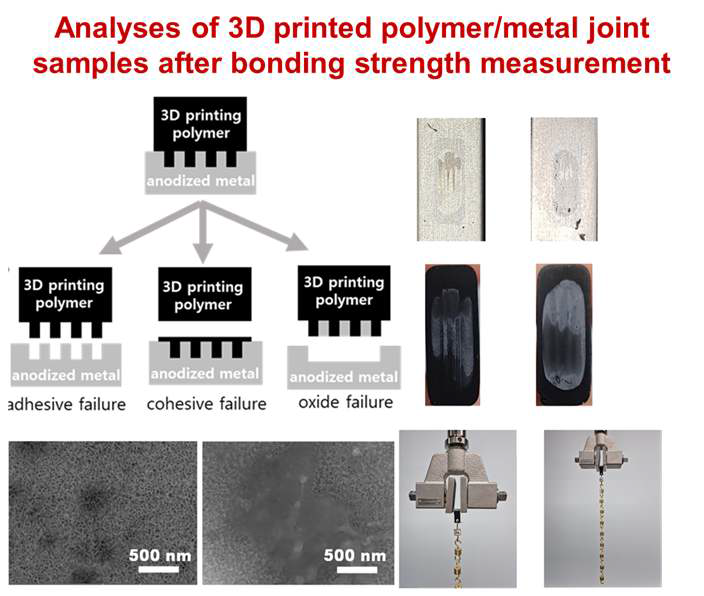 3D 프린팅된 고분자/금속 이종접합체의 결합 강도 측정 후 광학 및 SEM 이미지. 추를 이용한 이종 접합체의 적용 실험