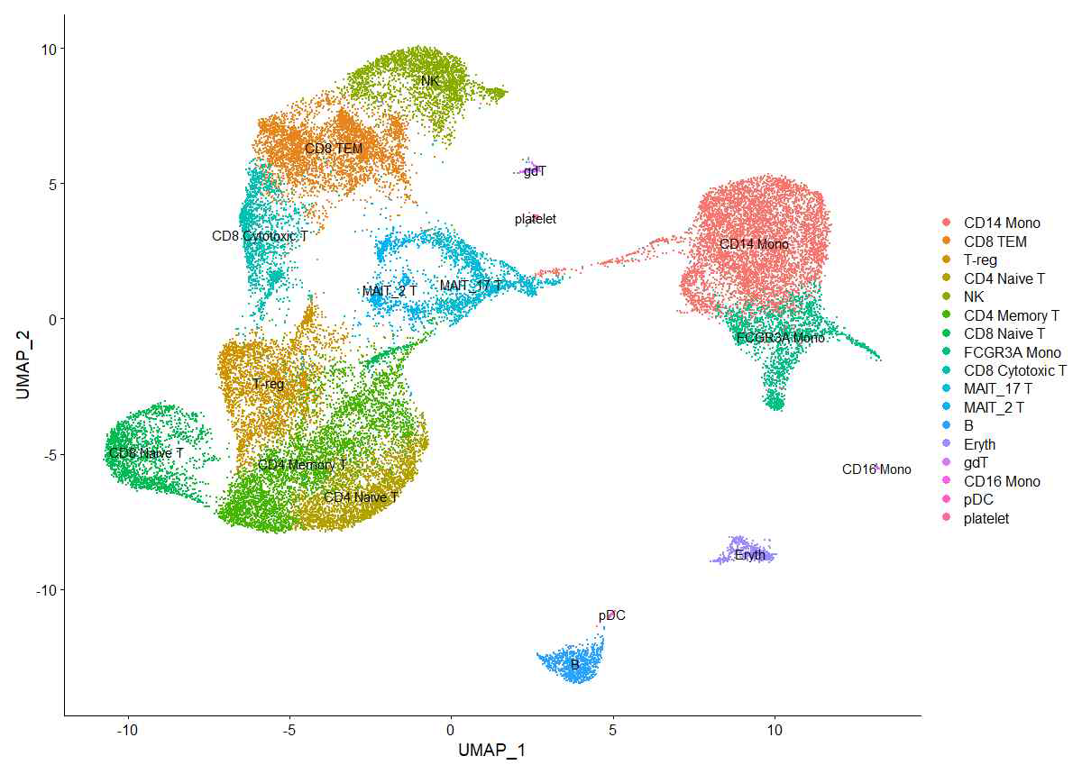 Cell types from 17 different clusters analyzed by single-cell sequencing in KTRs with of stable status, BK viremia or BK