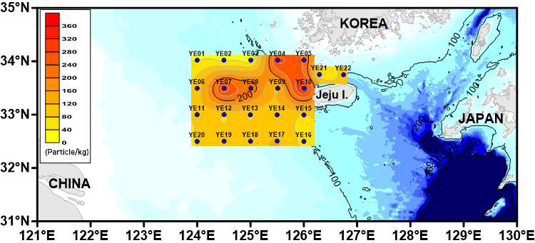 YE 해역 미세플라스틱 해저퇴적물 풍도의 수평적 분포도