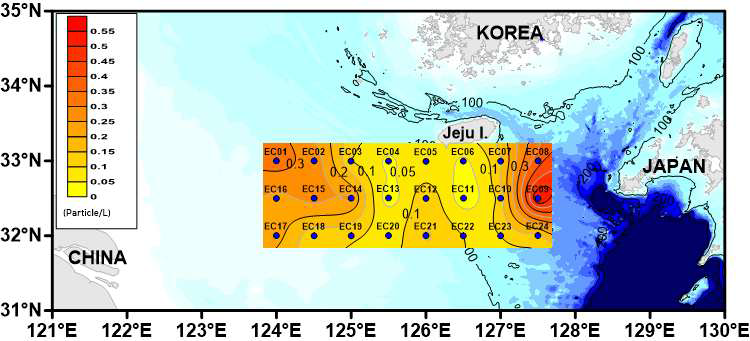 EC 해역 미세플라스틱 표층해수 풍도의 수평적분포도