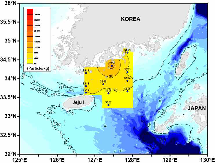 SS 해역 미세플라스틱 해저퇴적물 풍도의 수평적분포도