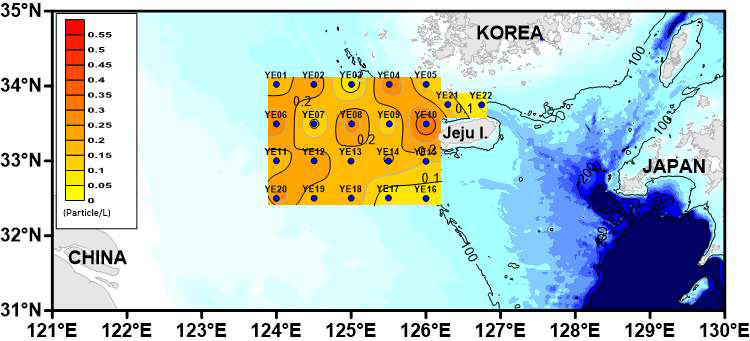 YE 해역 미세플라스틱 표층해수 풍도의 수평적분포도