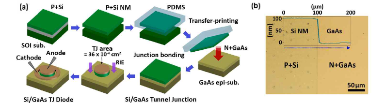 Si/GaAs 터널 다이오드 제작 공정 및 Si/GaAs 적층 구조 광학 이미지.[8]