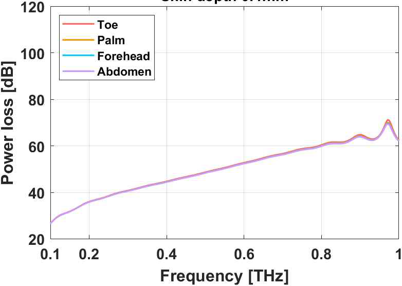피부 깊이 0.6 mm에서 전력 손실 비교