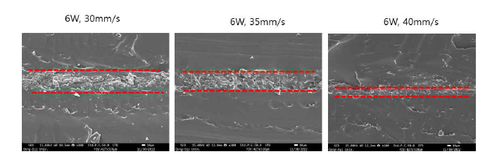 레이저의 조사 조건(파워 및 속도)에 따른 형성 LIG 전극의 단면 SEM 이미지