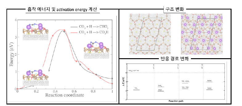 이온 존재 시 흡착 에너지 및 activation energy 변화, 구조 변화, 반응 경로 변화 평가