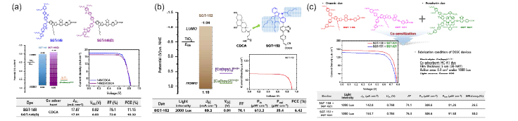 신규 저준위 유기염료 1종(a), 신규 저준위용 공흡착제(b) 및 공감응형 태양전지 최적화 효율(c)