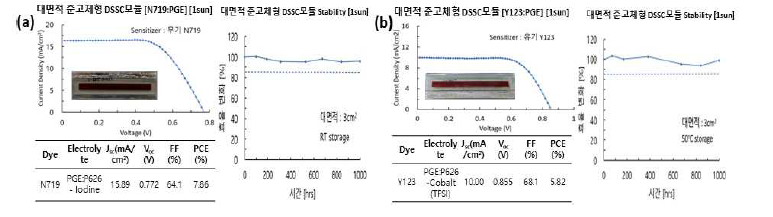 대면적 준고체형 소자 최적화 과정(N719염료 이용, a) 및 핵심염료 적용 대면적소자 적용 결과(b) ©